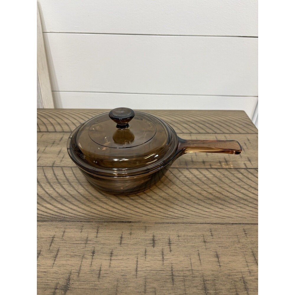 Corning Visions Small Skillet  Amber & Lid .5 L Capacity USA Vintage VTG